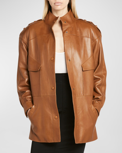 Shop Saint Laurent Belted Strong-shoulder Leather Parka Jacket In Marroneeb