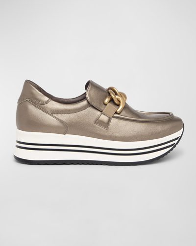 Shop Nerogiardini Metallic Chain Slip-on Flatform Sneakers In Bronze