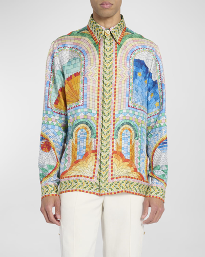 Shop Casablanca Men's Silk Mosaic-print Sport Shirt In Mosaic De Damas