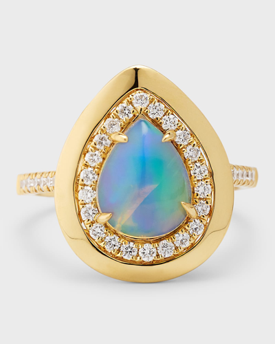 Shop David Kord 18k Yellow Gold Ring With Pear Shape Opal And Diamonds