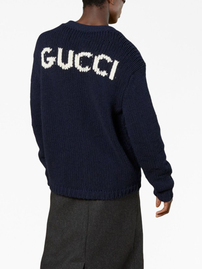 Shop Gucci Logo Wool Cardigan In Blue