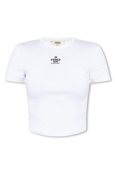 Shop Fendi Logo Embroidered Crewneck Cropped T In White