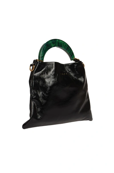 Marni - Black grained leather bag with green bakelite handle for women