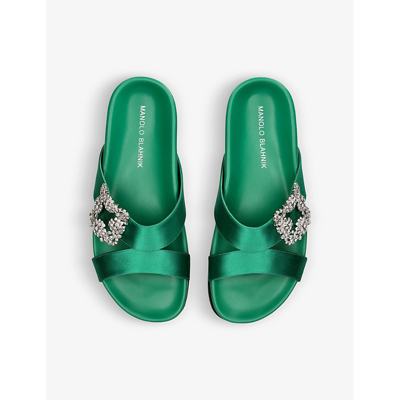 Shop Manolo Blahnik Womens Green Chilanghi Crystal-embellished Satin Sandals