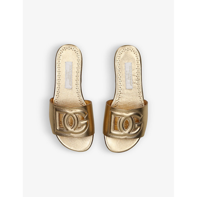 Shop Dolce & Gabbana Girls Gold Kids Ciabatta Laminato Logo-embroidered Leather Slides 6-9 Years
