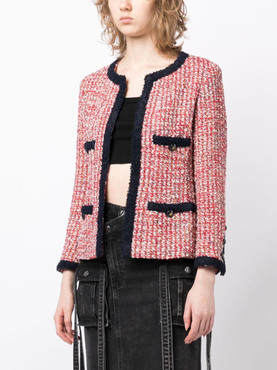 Pre-owned Chanel Collarless Open-front Tweed Jacket In Red