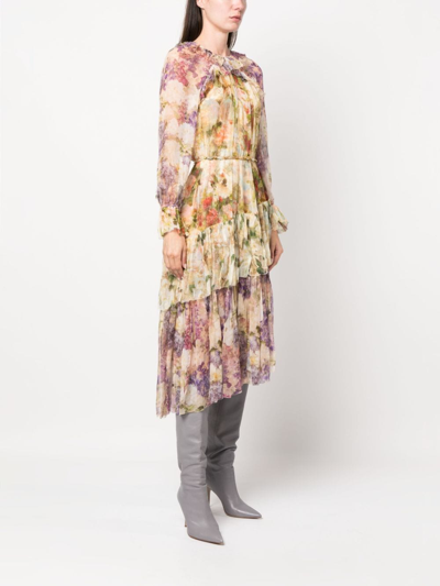 Shop Zimmermann Floral-print Silk Midi Dress In Neutrals