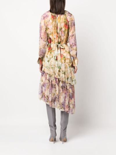 Shop Zimmermann Floral-print Silk Midi Dress In Neutrals