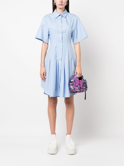 Shop Marni Pleat-detailing Flared Cotton Shirtdress In Blue