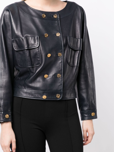 Pre-owned Chanel 2016 Mademoiselle Button Leather Jacket In Black