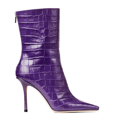 Shop Jimmy Choo Agathe 100 Croc-embossed Ankle Boots In Purple