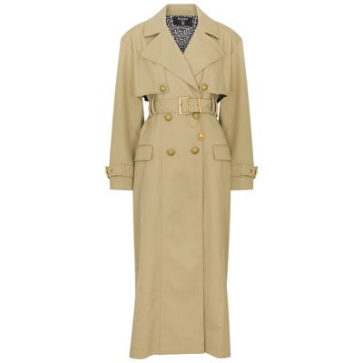 Shop Balmain Double-breasted Gabardine Trench Coat In Camel