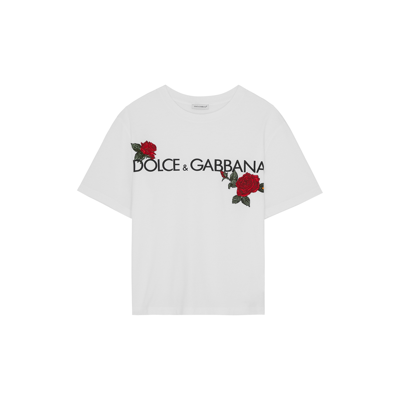 Shop Dolce & Gabbana Kids Rose And Logo Cotton T-shirt (8-14 Years) In White