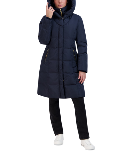 Shop Cole Haan Women's Bibbed Water-resistant Hooded Puffer Coat In Navy