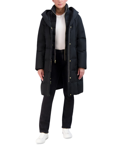 Shop Cole Haan Women's Bibbed Water-resistant Hooded Puffer Coat In Black