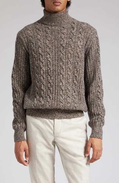 Shop Agnona Cable Knit Cashmere Turtleneck Sweater In Camel