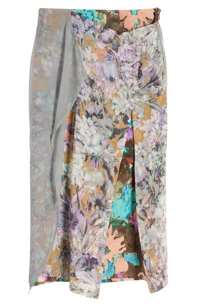 Shop Dries Van Noten Sosta Floral Bouquet Drape Contrast Panel Silk Blend Skirt In Beige Grey