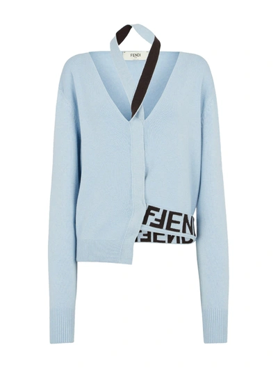 Shop Fendi Light Blue Cashmere And Wool Cardigan