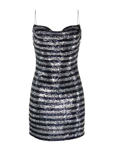 Shop Balmain Short Dress With Striped Sequins In Blue