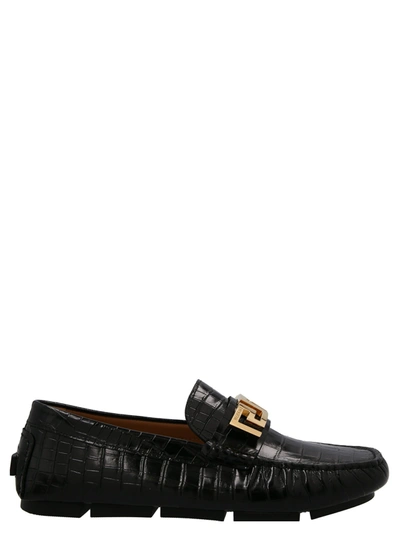 Shop Versace Logo Croc Leather Loafers