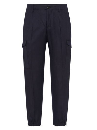 Shop Brunello Cucinelli Men's Virgin Wool Flannel Ergonomic Fit Trousers With Pleats, Cargo Pockets And Zipper Cuffs In Blue