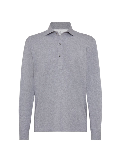 Shop Brunello Cucinelli Men's Cotton Jersey Long Sleeve Basic Fit Polo With Shirt-style Collar In Medium Grey