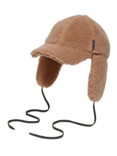 Shop Brunello Cucinelli Women's Virgin Wool And Cashmere Fleecy Baseball Cap With Earflaps In Camel