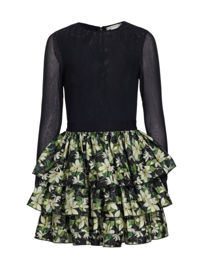 Shop Alice And Olivia Women's Chara Mixed-media Minidress In Black Moonlight Floral