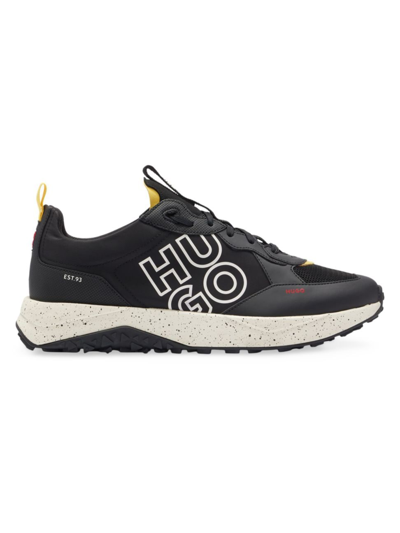 Shop Hugo Men's Mixed-material Trainer Sneakers With Stacked Logo In Black