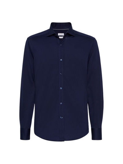 Shop Brunello Cucinelli Men's Cotton Pique Slim Fit Shirt With Spread Collar In Navy Blue
