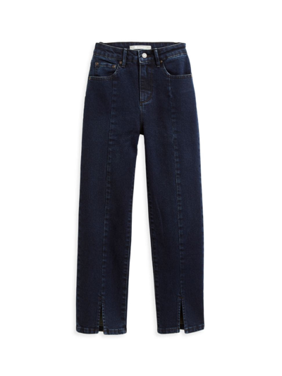 Shop Tractr Girl's High-rise Straight-leg Slit Hem Jeans In Indigo