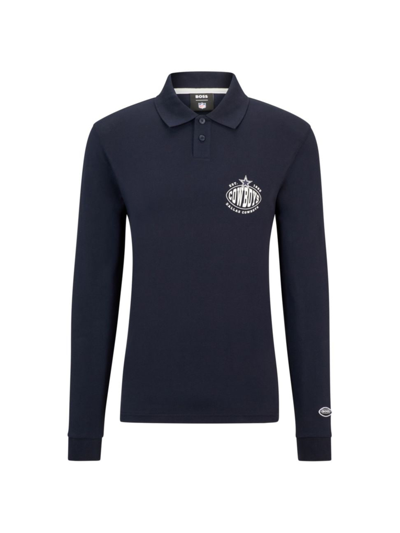 Shop Hugo Boss Men's Boss X Nfl Long-sleeved Polo Shirt With Collaborative Branding In Cowboys Dark Blue