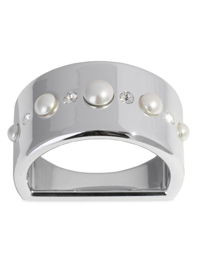 Shop Crystamas Pearl 4-piece Napkin Rings Set In Platinum