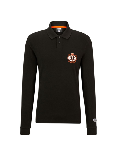 Shop Hugo Boss Men's Boss X Nfl Long-sleeved Polo Shirt With Collaborative Branding In Bears Charcoal