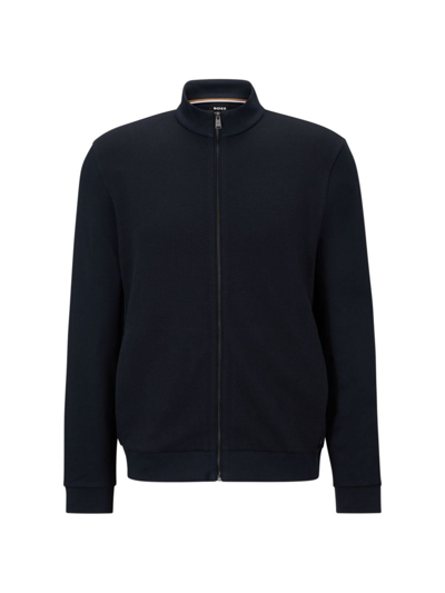 Shop Hugo Boss Men's Cotton Zip-up Sweatshirt With Structured Front In Dark Blue