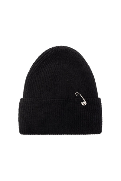 Shop Versace Safety Pin Detailed Knit Beanie In Black