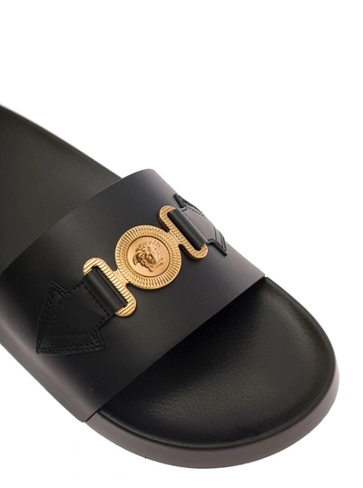 Shop Versace Black Moulded Footbed Slides With Medusa Head Plaque In Leather Man