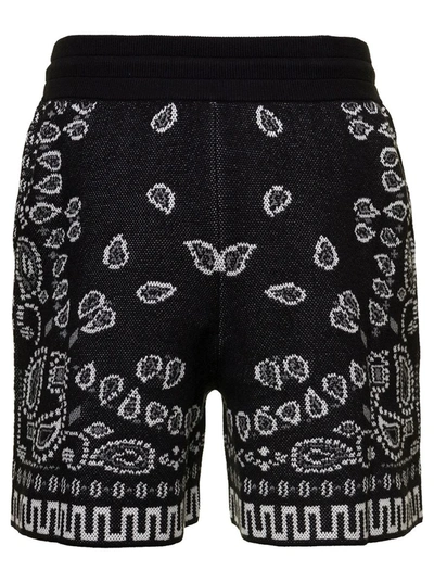 Shop Alanui Black Shorts With Drawstring And Bandana Jacquard Motif In Cotton Man
