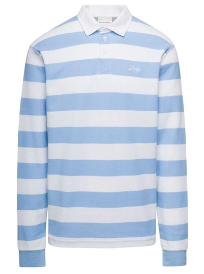 Shop Drôle De Monsieur Light Blue And White Striped Polo Shirt With Logo Embroidery In Cotton Man