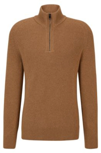 Shop Hugo Boss Camel-hair Sweater With Zip Neckline In Beige