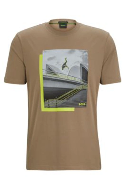 Shop Hugo Boss Photo-print T-shirt In Stretch-cotton Jersey In Light Green