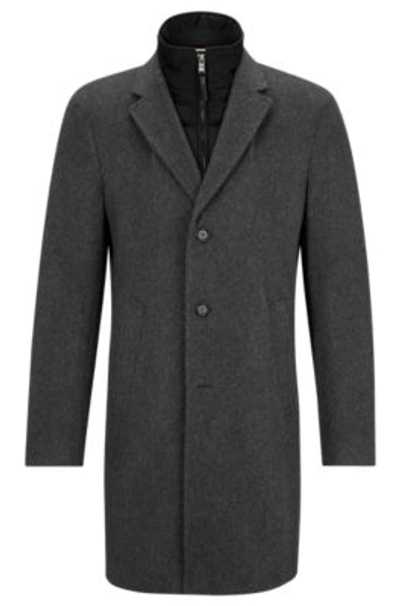 Shop Hugo Boss Wool-blend Coat With Zip-up Inner In Grey