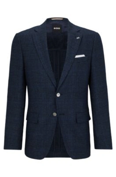 Shop Hugo Boss Slim-fit Jacket In A Checked Stretch-wool Blend In Dark Blue