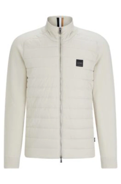 Shop Hugo Boss Mixed-material Knitted Jacket With Logo Badge In White