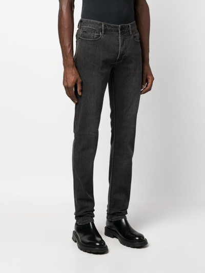 Emporio Armani Faded Stretch-cotton Jeans With Logo Patch In Black