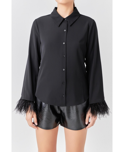 Shop Endless Rose Women's Feather Trimmed Fitted Blouse Top In Black