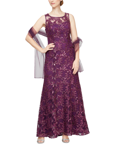 Shop Alex Evenings Sequin Lace Long Dress With Chiffon Shawl In Plum