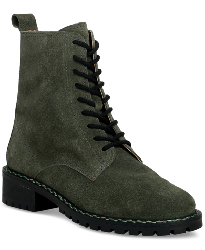 Shop Lucky Brand Women's Kancie Lace-up Lug Sole Combat Boots In Kobain Olive Suede