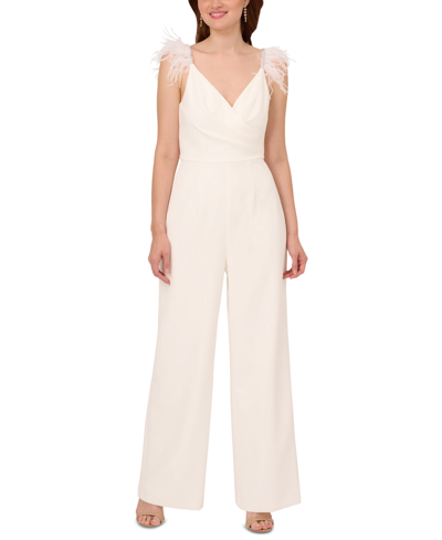 Shop Adrianna Papell Women's Feather-trim Wide-leg Jumpsuit In Ivory