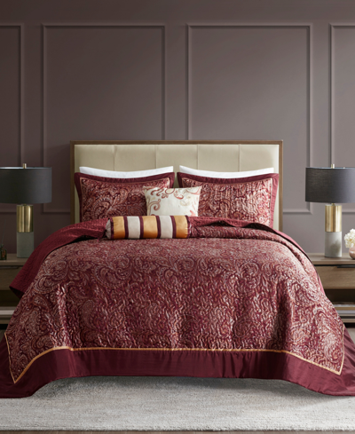 Shop Madison Park Adeline Paisley 5 Piece Reversible Jacquard Bedspread Set, Queen In Burgundy
